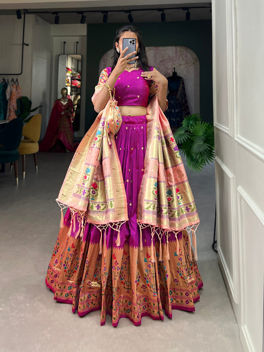 Purple Color Jacquard Silk (Paithani) Weaving Zari Work Wedding Wear Lehenga Choli