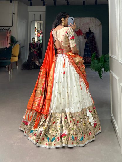 White Color Jacquard Silk (Paithani) Weaving Zari Work Maharashtra Wear Lehenga Choli