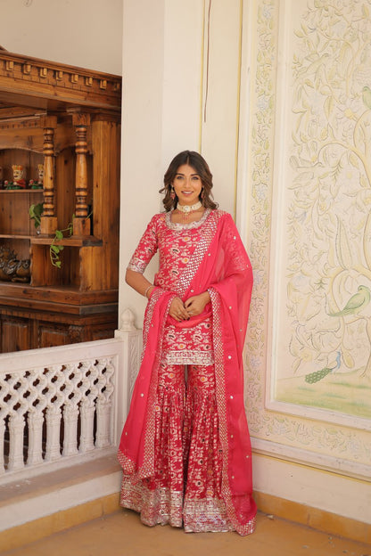 Pink Viscose Jacquerd Sequins And Zari Embroidered Work Sharara Set