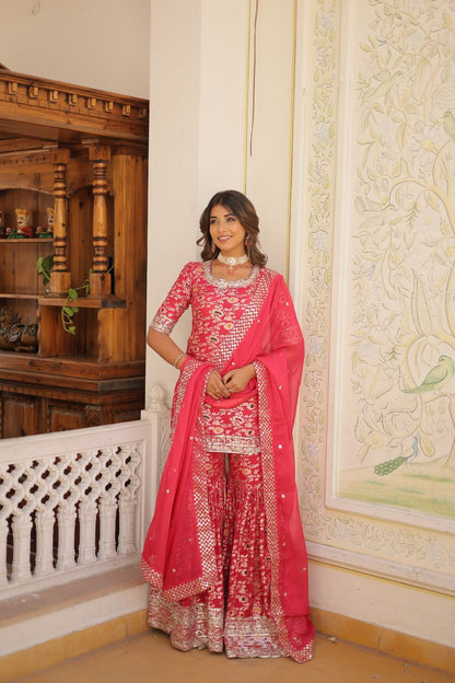 Pink Viscose Jacquerd Sequins And Zari Embroidered Work Sharara Set