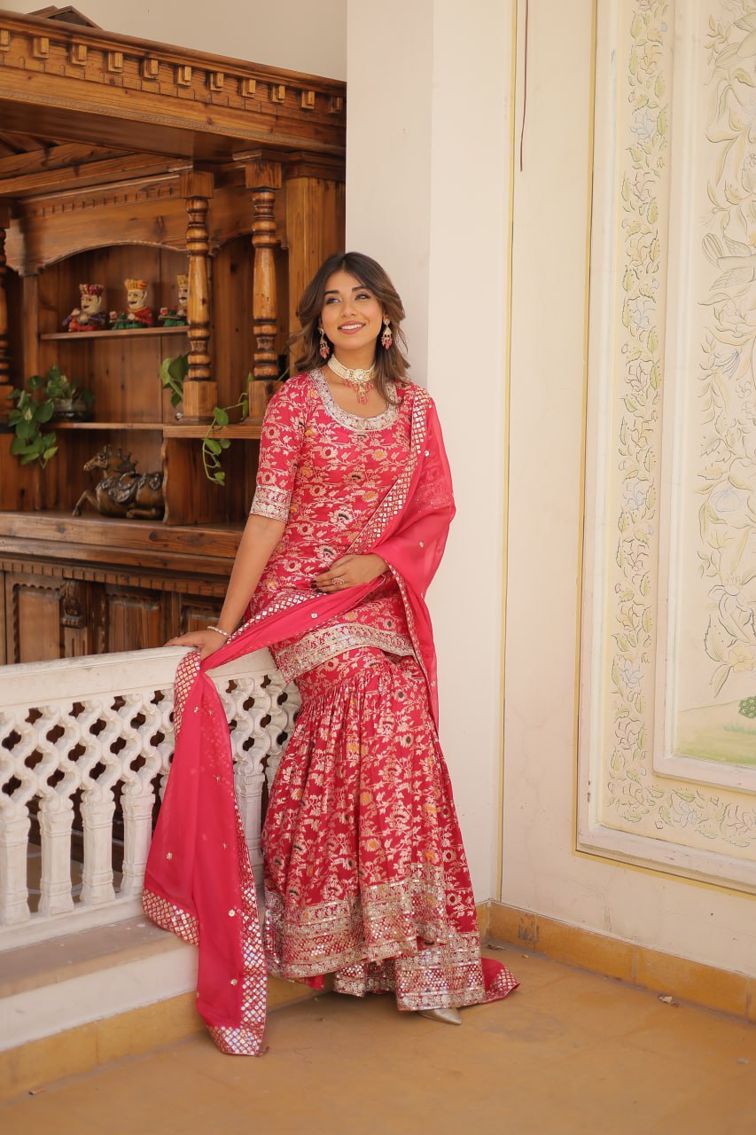 Pink Viscose Jacquerd Sequins And Zari Embroidered Work Sharara Set