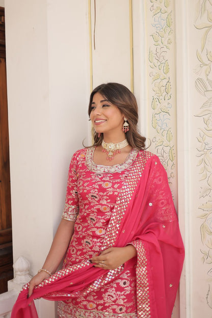 Pink Viscose Jacquerd Sequins And Zari Embroidered Work Sharara Set