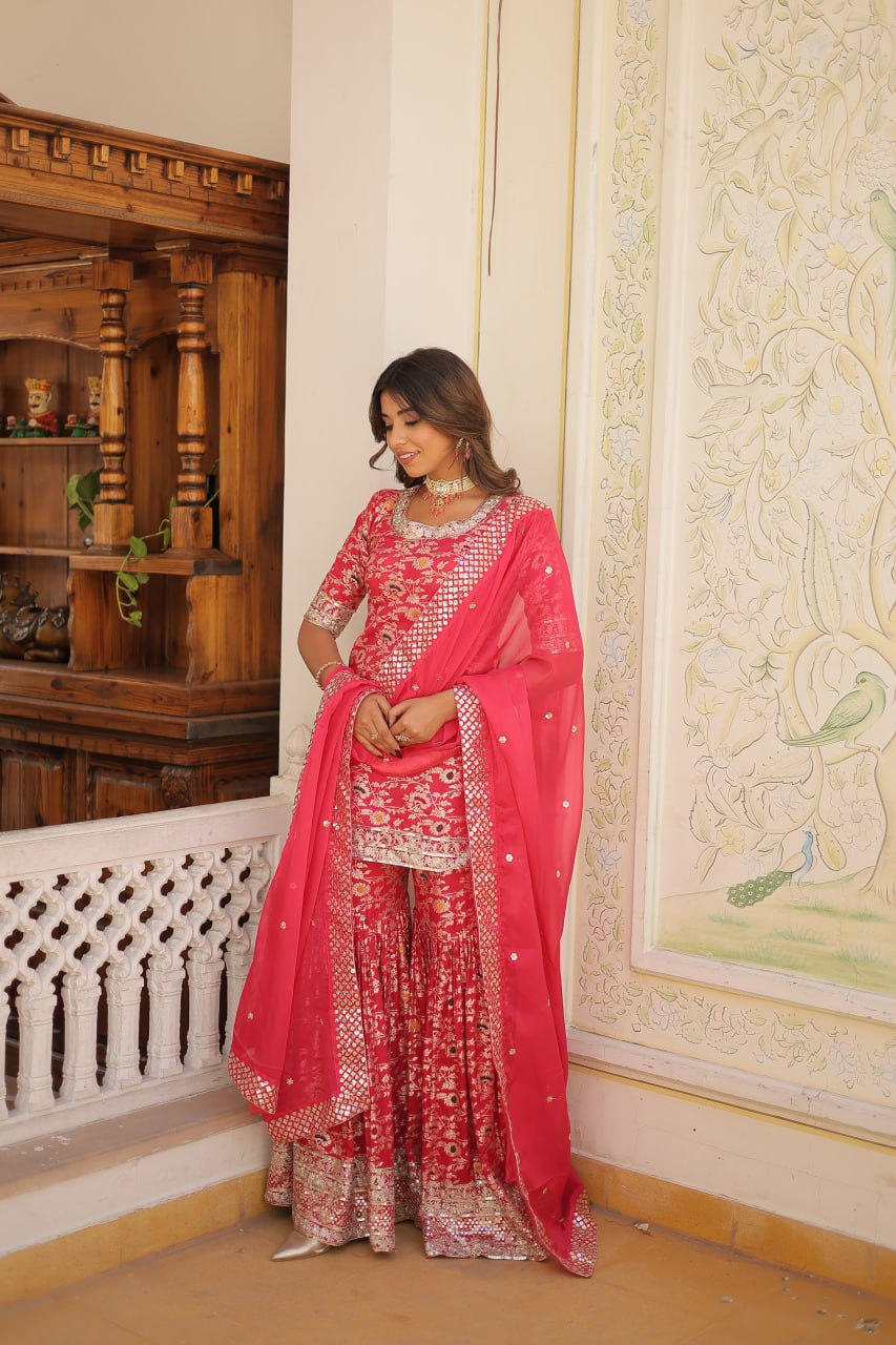 Pink Viscose Jacquerd Sequins And Zari Embroidered Work Sharara Set