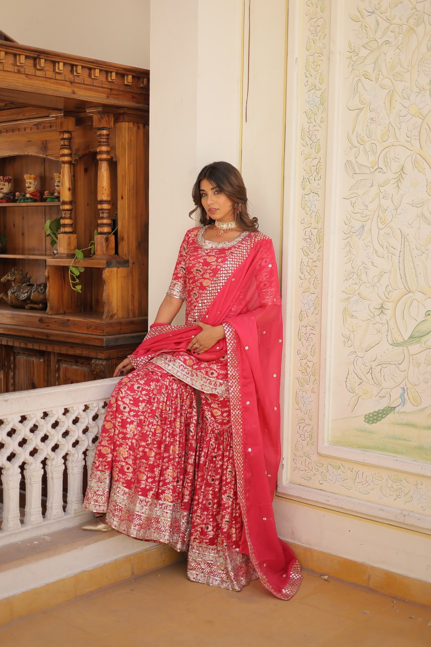 Pink Viscose Jacquerd Sequins And Zari Embroidered Work Sharara Set