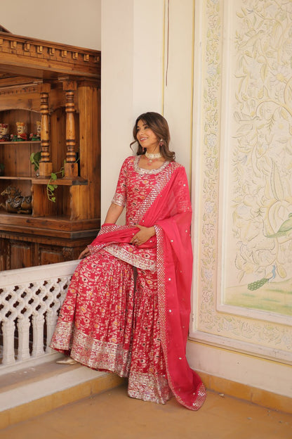 Pink Viscose Jacquerd Sequins And Zari Embroidered Work Sharara Set