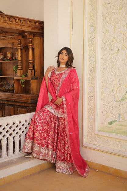 Pink Viscose Jacquerd Sequins And Zari Embroidered Work Sharara Set