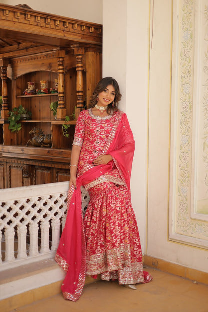 Pink Viscose Jacquerd Sequins And Zari Embroidered Work Sharara Set