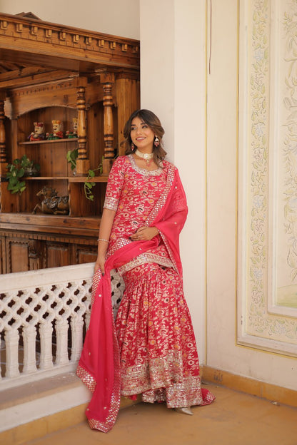 Pink Viscose Jacquerd Sequins And Zari Embroidered Work Sharara Set