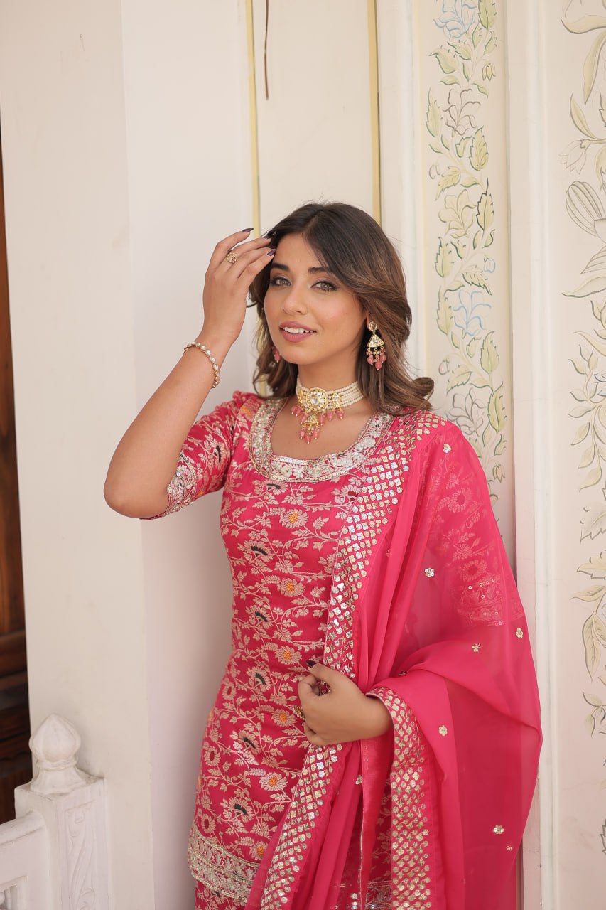 Pink Viscose Jacquerd Sequins And Zari Embroidered Work Sharara Set