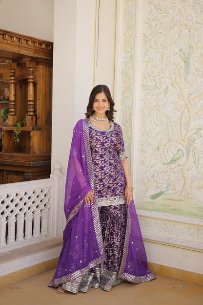 Wine Viscose Jacquerd Sequins And Zari Embroidered Work Sharara Set