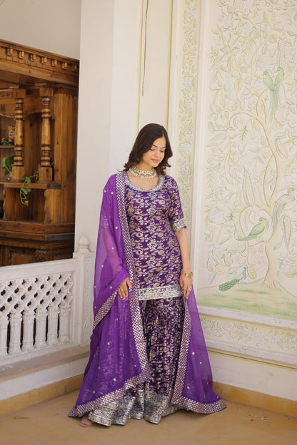 Wine Viscose Jacquerd Sequins And Zari Embroidered Work Sharara Set