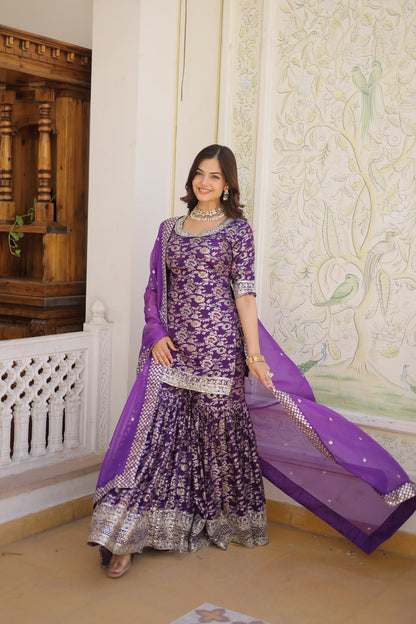 Wine Viscose Jacquerd Sequins And Zari Embroidered Work Sharara Set