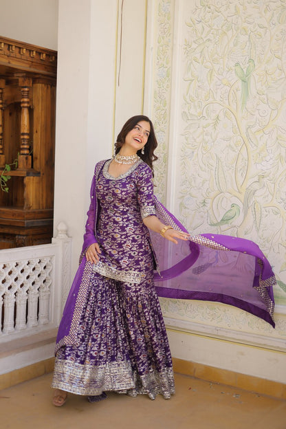 Wine Viscose Jacquerd Sequins And Zari Embroidered Work Sharara Set