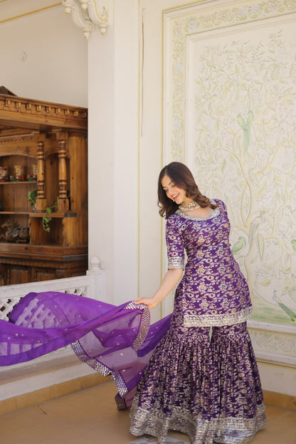 Wine Viscose Jacquerd Sequins And Zari Embroidered Work Sharara Set