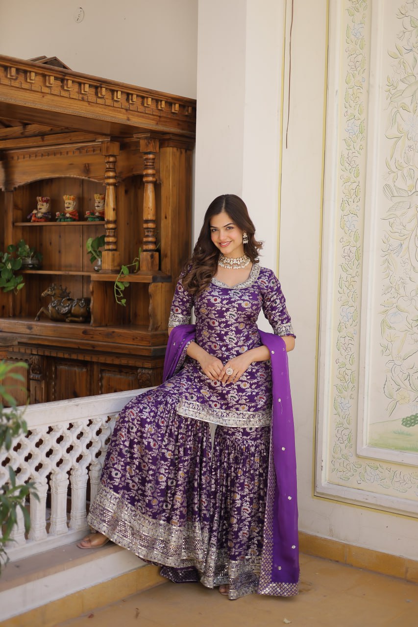 Wine Viscose Jacquerd Sequins And Zari Embroidered Work Sharara Set