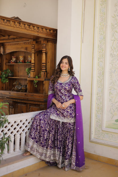 Wine Viscose Jacquerd Sequins And Zari Embroidered Work Sharara Set