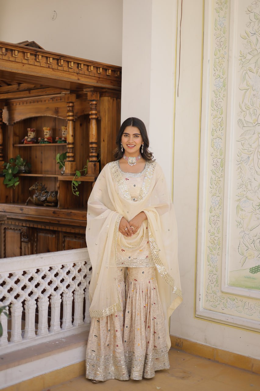 Off White Viscose Jacquerd Sequins And Zari Embroidered Work Sharara Set