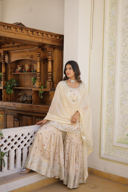 Off White Viscose Jacquerd Sequins And Zari Embroidered Work Sharara Set