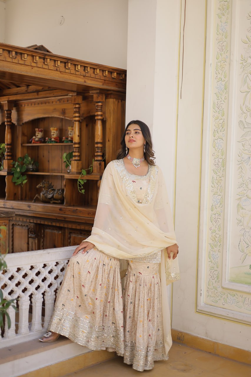 Off White Viscose Jacquerd Sequins And Zari Embroidered Work Sharara Set