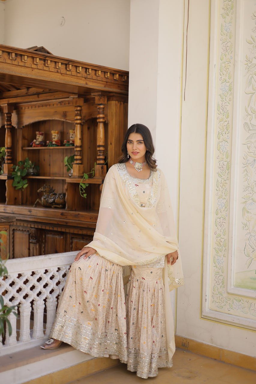 Off White Viscose Jacquerd Sequins And Zari Embroidered Work Sharara Set