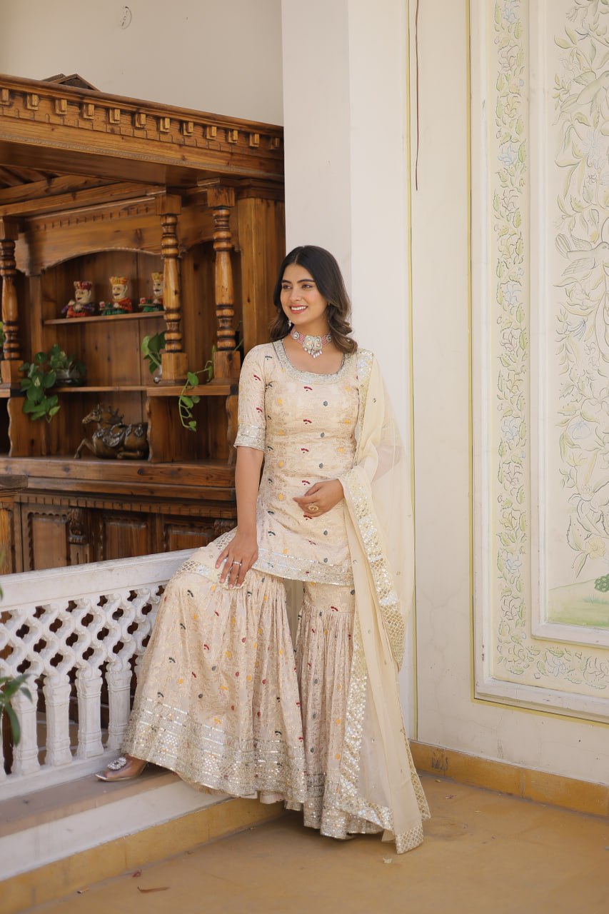 Off White Viscose Jacquerd Sequins And Zari Embroidered Work Sharara Set