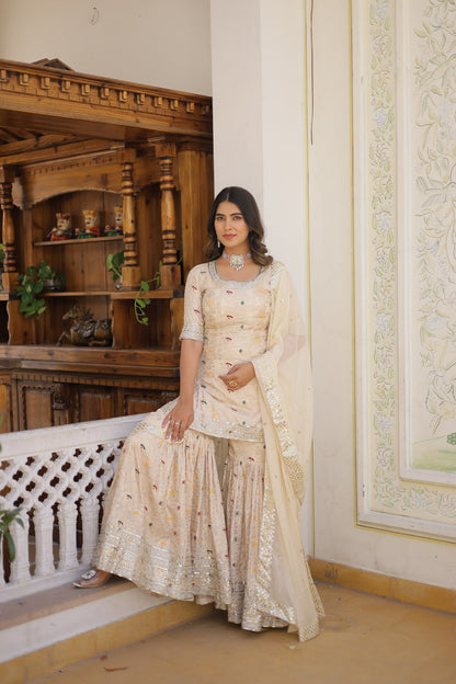 Off White Viscose Jacquerd Sequins And Zari Embroidered Work Sharara Set