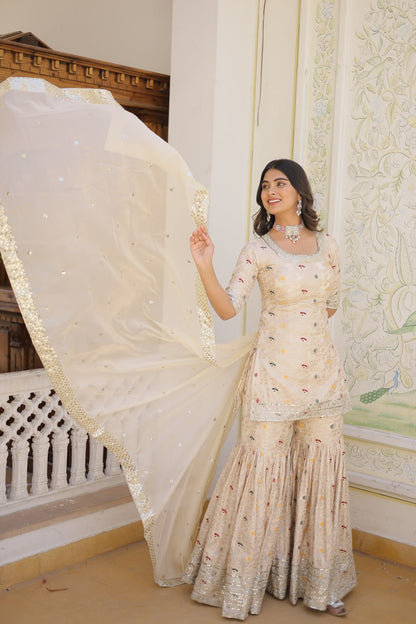 Off White Viscose Jacquerd Sequins And Zari Embroidered Work Sharara Set