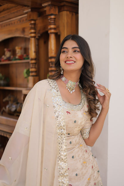 Off White Viscose Jacquerd Sequins And Zari Embroidered Work Sharara Set