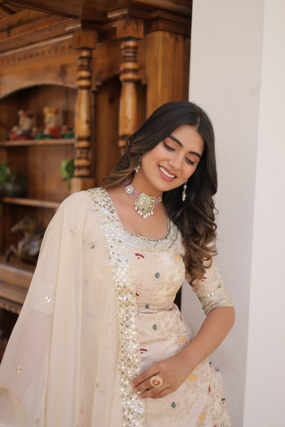 Off White Viscose Jacquerd Sequins And Zari Embroidered Work Sharara Set