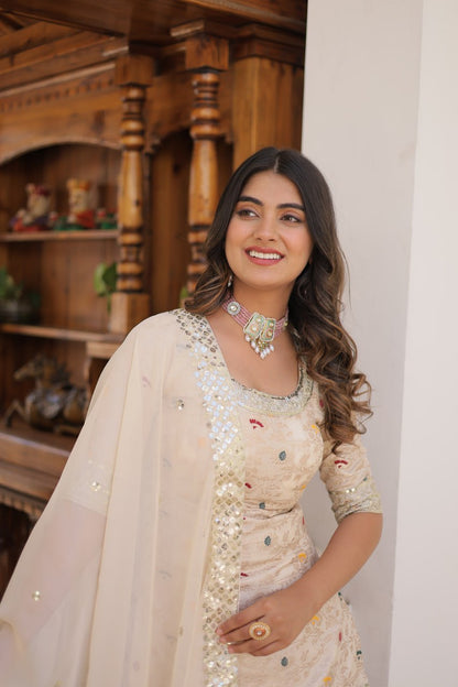 Off White Viscose Jacquerd Sequins And Zari Embroidered Work Sharara Set