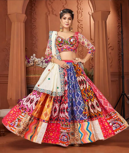 Multi Color Fancy Digital Print Work And Real Mirror Work Navratri Lehenga