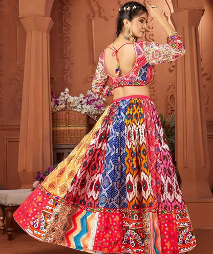 Multi Color Fancy Digital Print Work And Real Mirror Work Navratri Lehenga