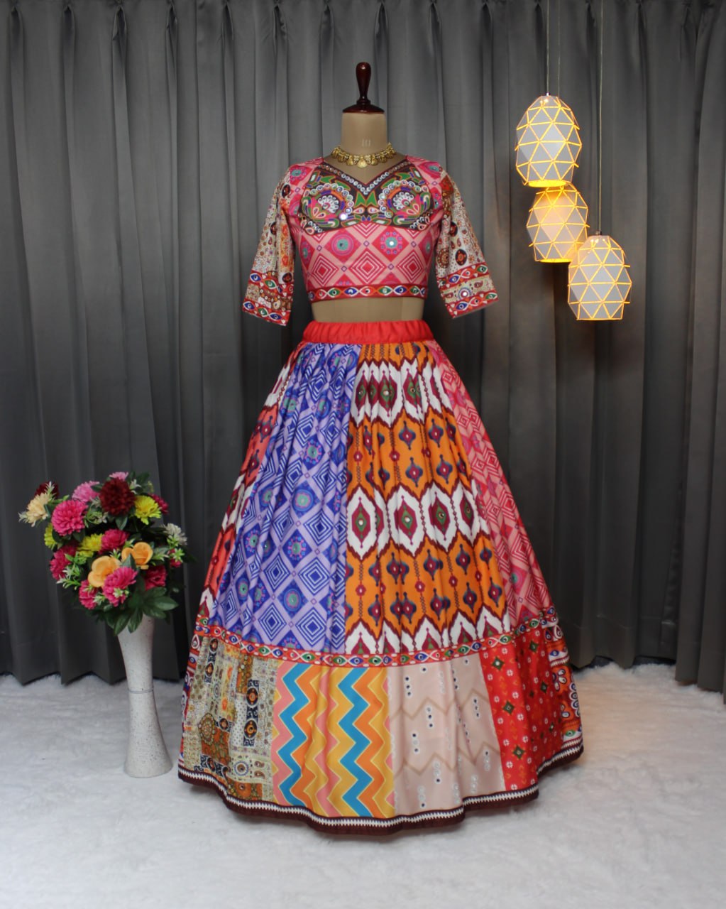 Multi Color Fancy Digital Print Work And Real Mirror Work Navratri Lehenga