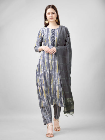 Gray Color Rayon Print with Embroidery and Fancy Lace Work Kurti Pant Dupatta