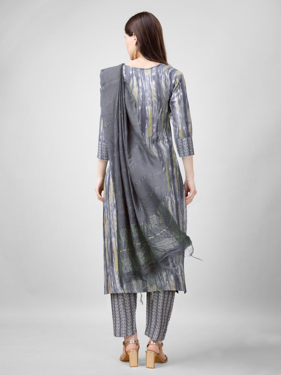 Gray Color Rayon Print with Embroidery and Fancy Lace Work Kurti Pant Dupatta