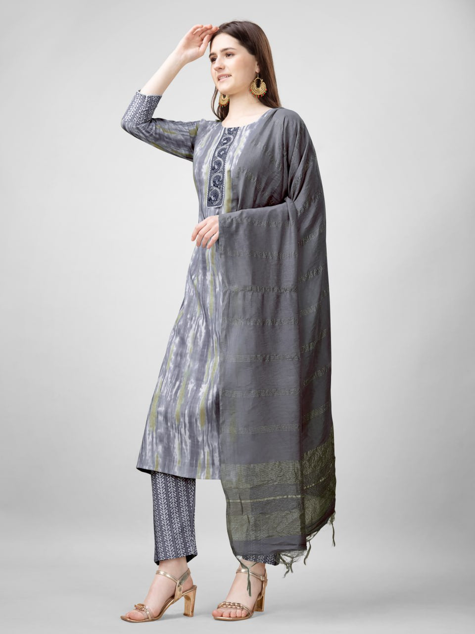 Gray Color Rayon Print with Embroidery and Fancy Lace Work Kurti Pant Dupatta