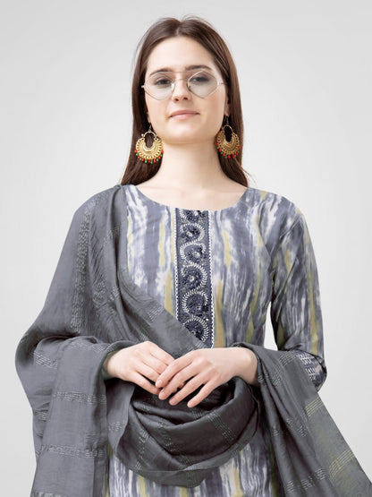 Gray Color Rayon Print with Embroidery and Fancy Lace Work Kurti Pant Dupatta