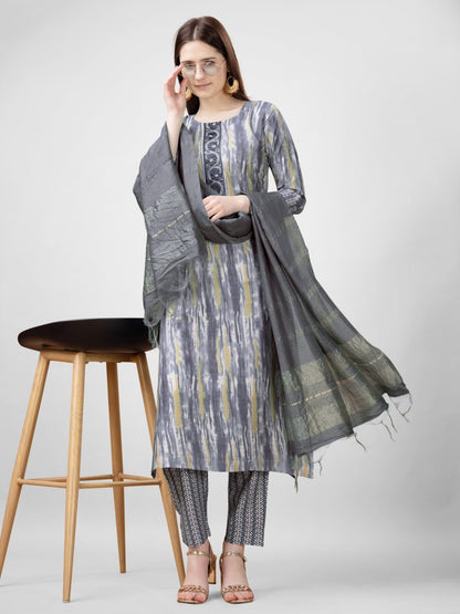 Gray Color Rayon Print with Embroidery and Fancy Lace Work Kurti Pant Dupatta