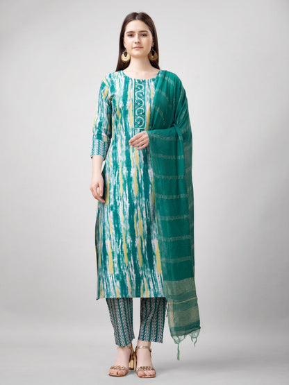 Rama Color Rayon Print with Embroidery and Fancy Lace Work Kurti Pant Dupatta