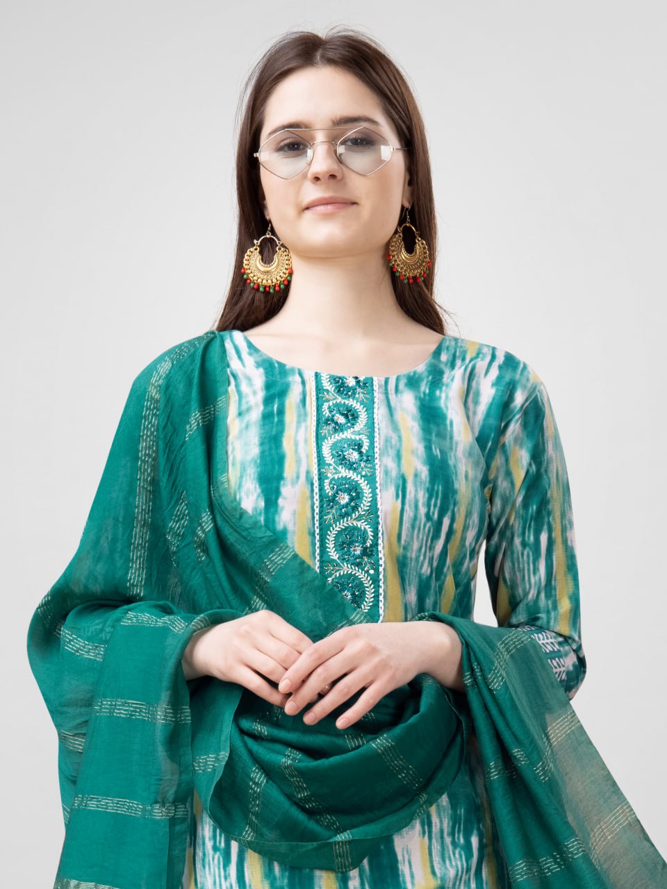 Rama Color Rayon Print with Embroidery and Fancy Lace Work Kurti Pant Dupatta