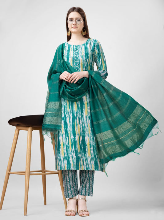 Rama Color Rayon Print with Embroidery and Fancy Lace Work Kurti Pant Dupatta