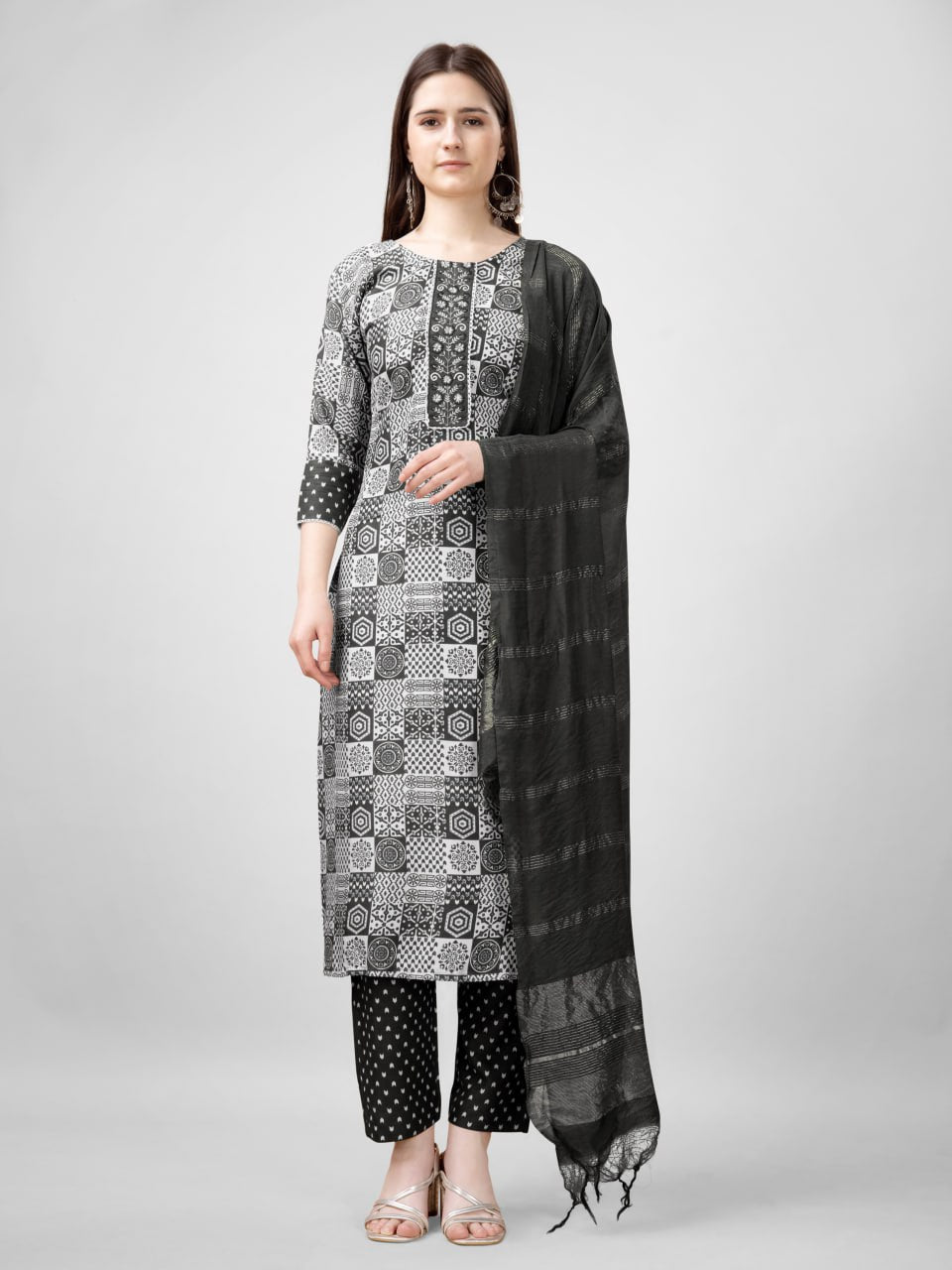 Black Color Rayon Print with Embroidery and Fancy Lace Work Kurti Pant Dupatta