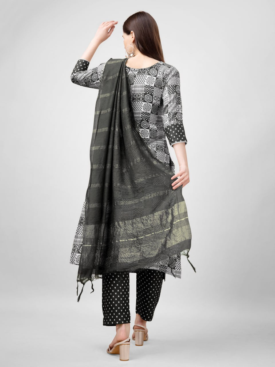 Black Color Rayon Print with Embroidery and Fancy Lace Work Kurti Pant Dupatta