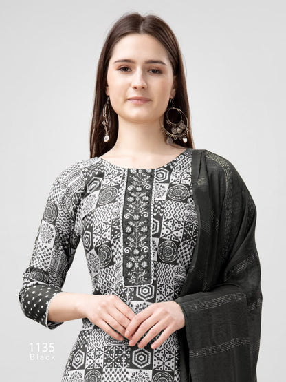 Black Color Rayon Print with Embroidery and Fancy Lace Work Kurti Pant Dupatta