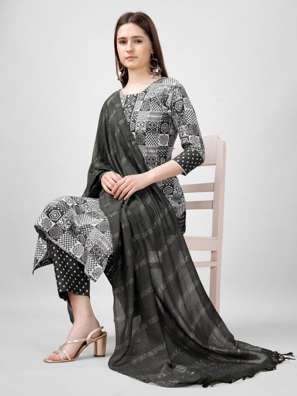 Black Color Rayon Print with Embroidery and Fancy Lace Work Kurti Pant Dupatta