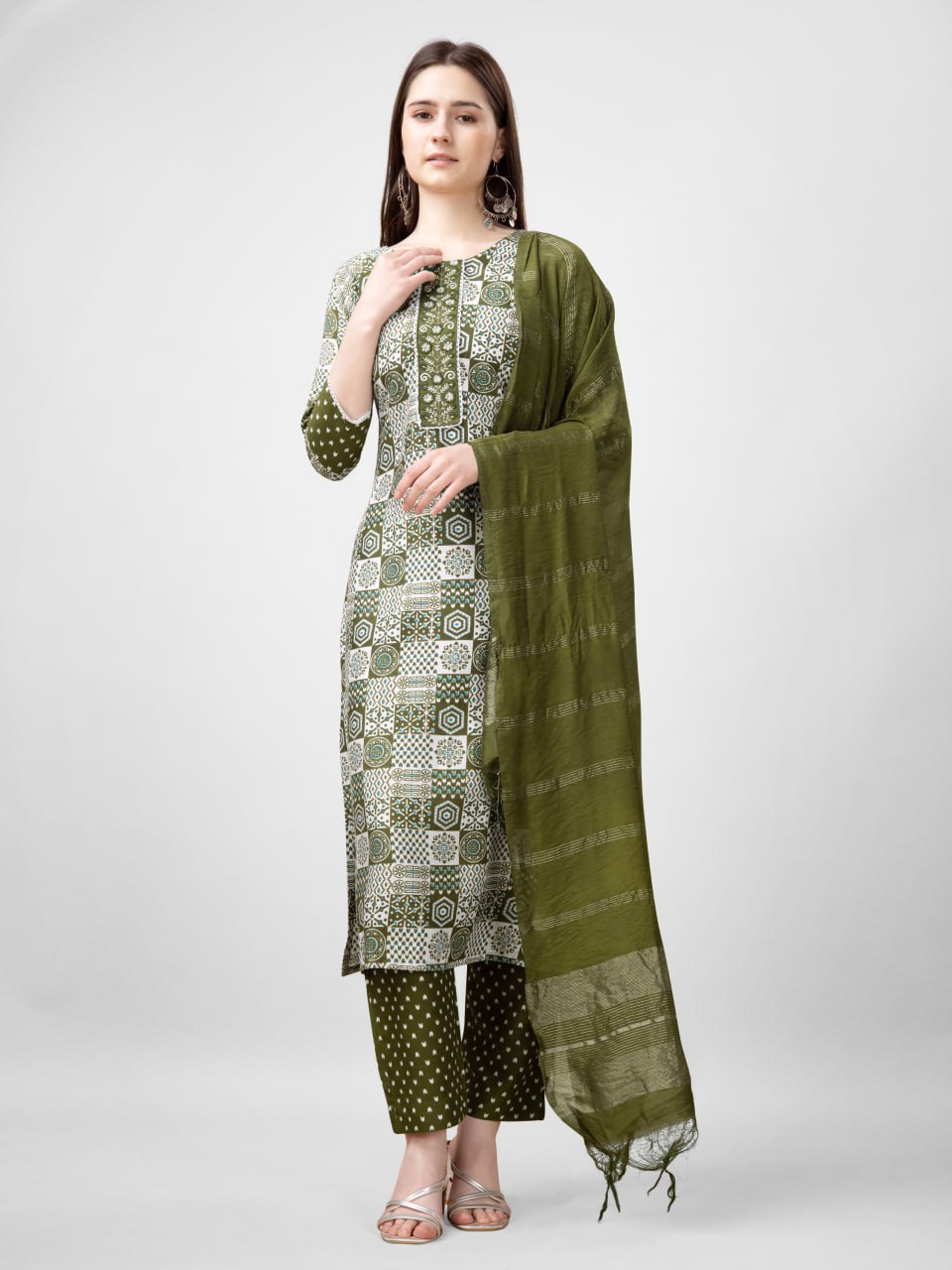 Mehendi Color Rayon Print with Embroidery and Fancy Lace Work Kurti Pant Dupatta