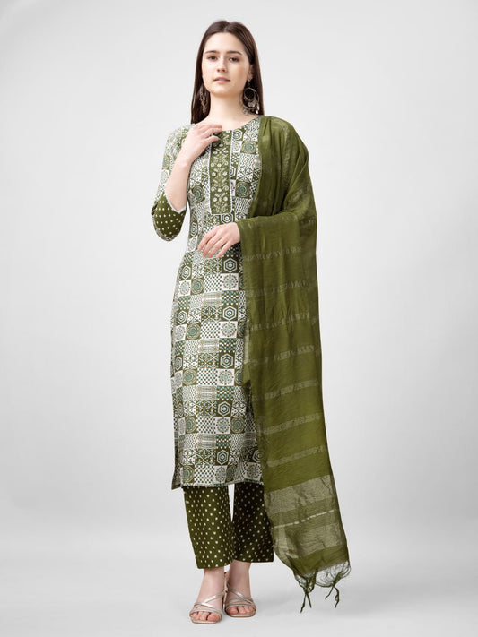 Mehendi Color Rayon Print with Embroidery and Fancy Lace Work Kurti Pant Dupatta