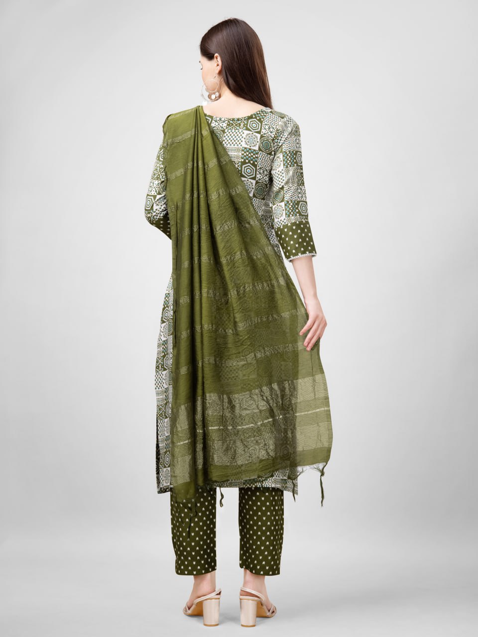 Mehendi Color Rayon Print with Embroidery and Fancy Lace Work Kurti Pant Dupatta