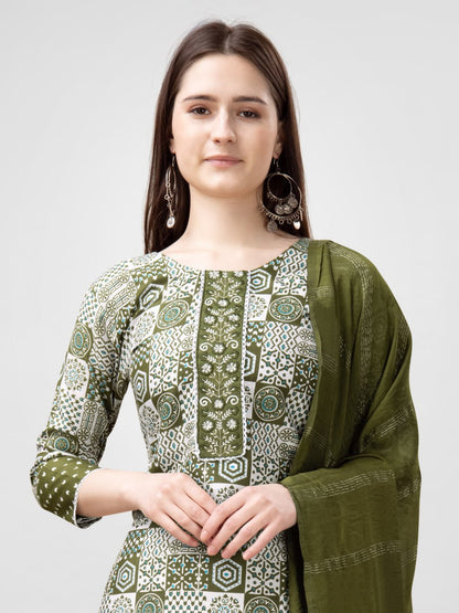 Mehendi Color Rayon Print with Embroidery and Fancy Lace Work Kurti Pant Dupatta