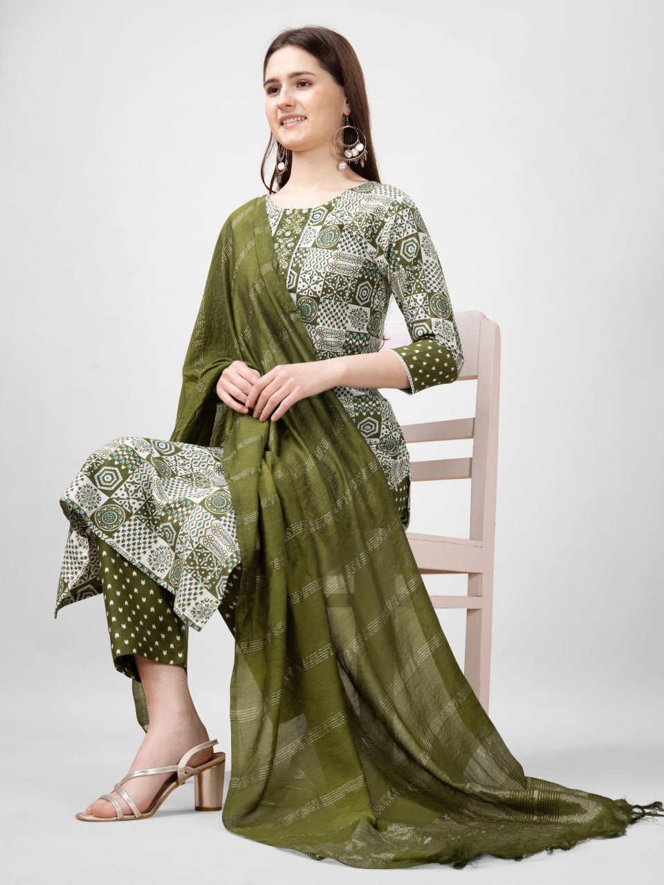 Mehendi Color Rayon Print with Embroidery and Fancy Lace Work Kurti Pant Dupatta